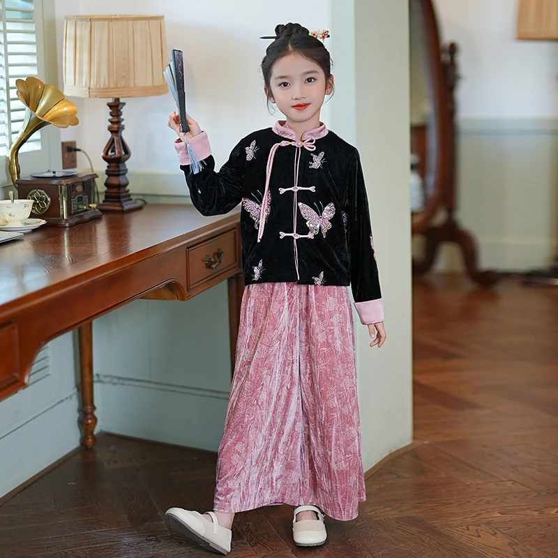 新中式国风套装女童秋装2025新款童装古风唐装汉服两件套