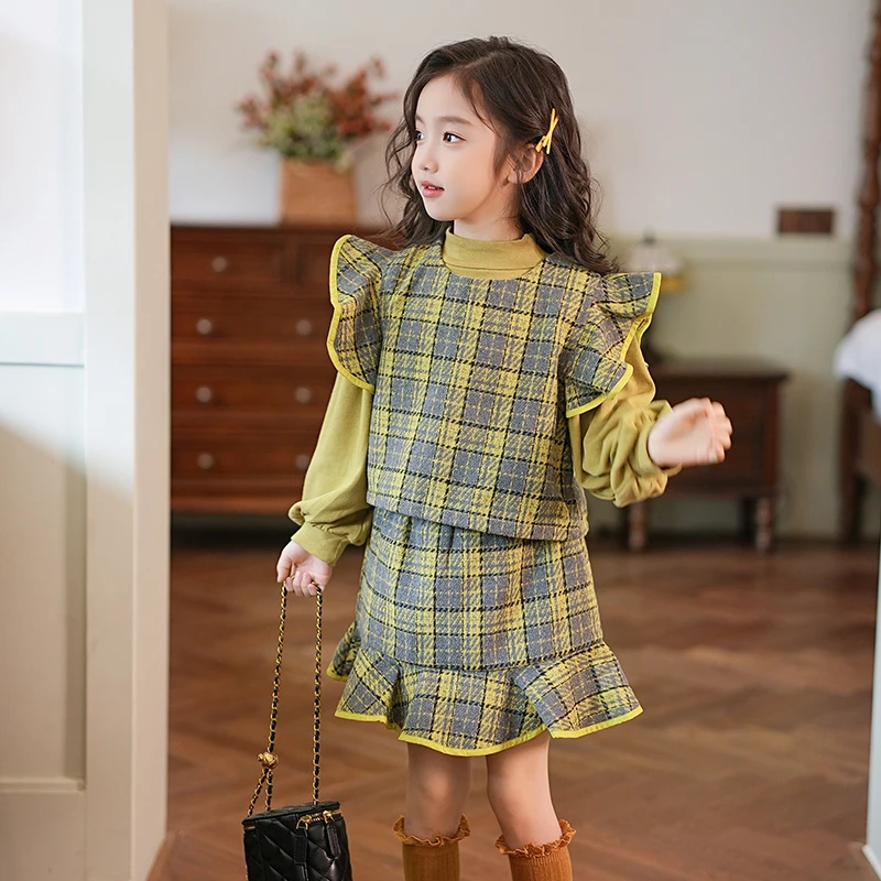 女童秋装套装裙黄色格纹背心无袖上衣裙子半高领打底衫儿童三件套