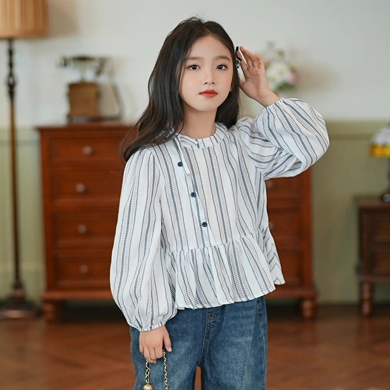 53624女童衬衫法式条纹慵懒风复古上衣2025春季新款洋气儿童衬衣