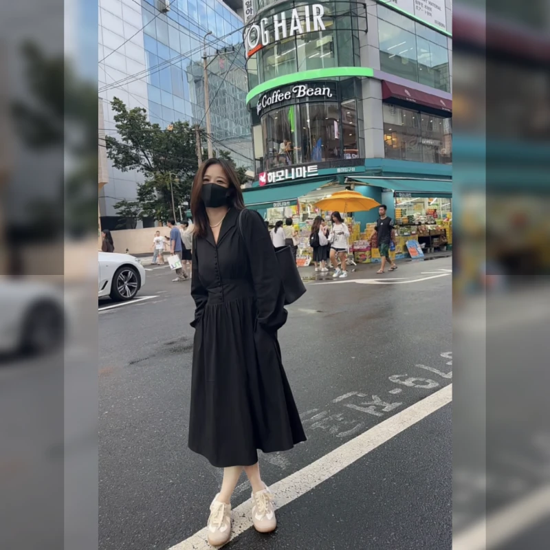 小个子秋季新款女装连衣裙中长款遮肚子显瘦长袖071
