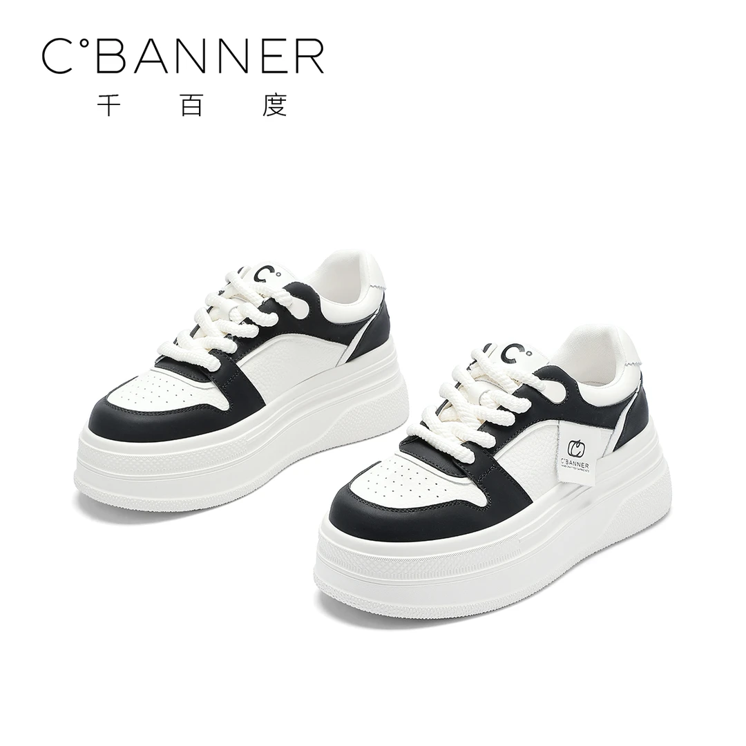 C.BANNER/千百度板鞋女2023新款厚底增高运动时尚百搭圆头休闲鞋