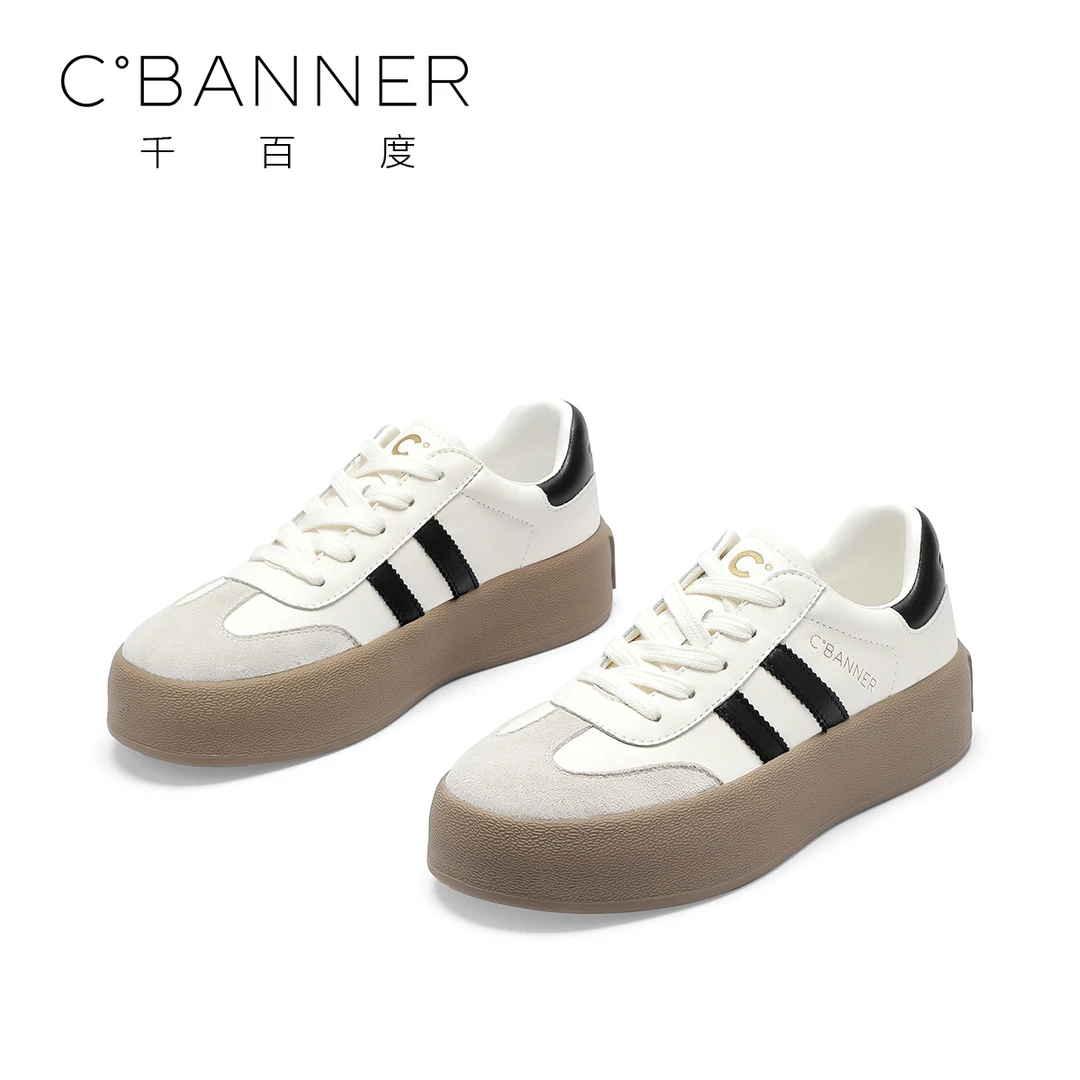 C.BANNER/千百度休闲鞋女士2024春款时尚百搭圆头运动厚底德训鞋