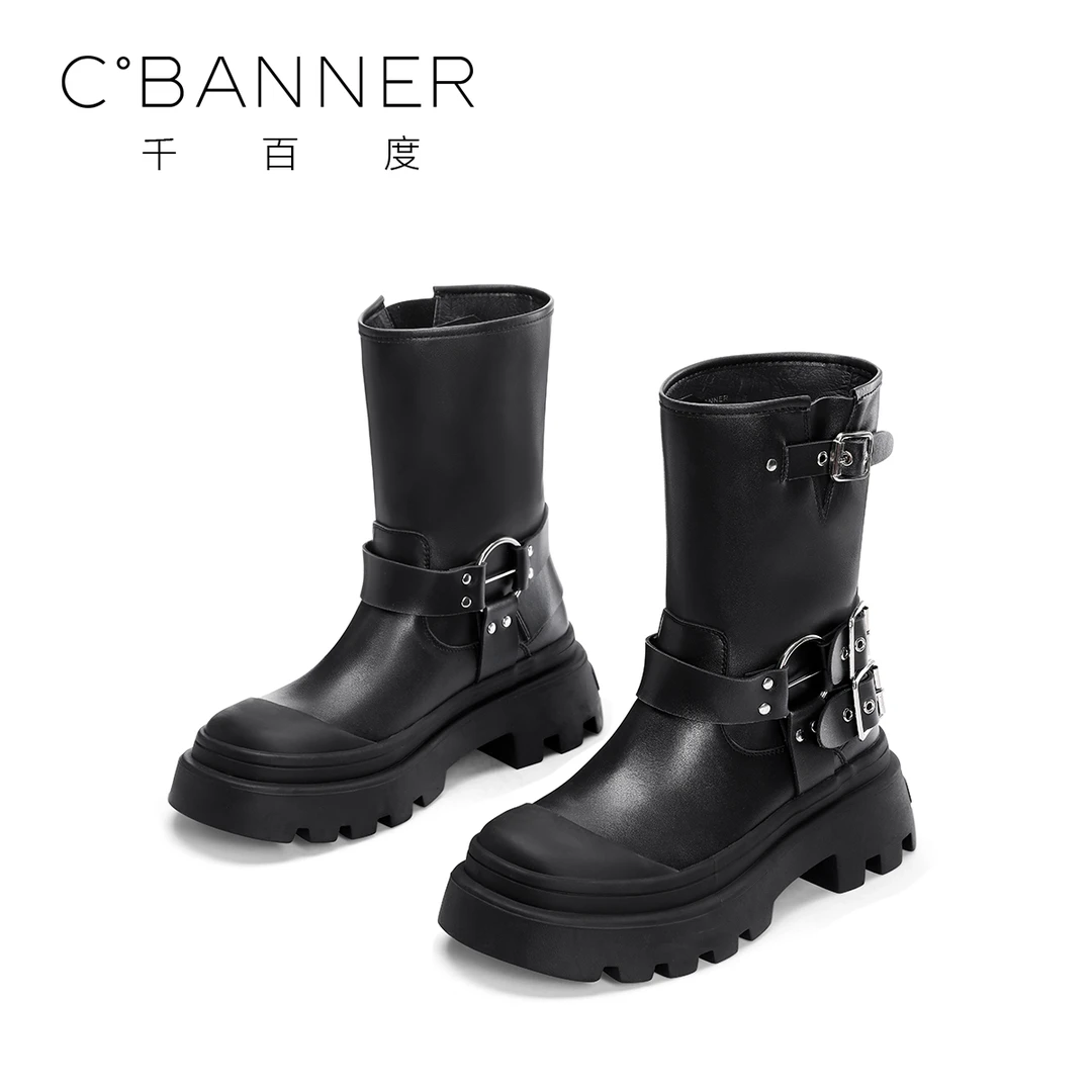 千百度时装靴2024新款女休闲中筒英伦风马丁靴Q8333008- ES- Y