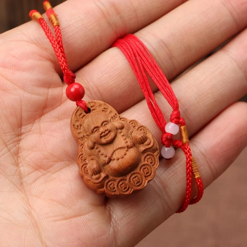 桃木弥勒佛项链 平安观音挂件 木质弥勒佛吊坠木雕观音男女佛牌