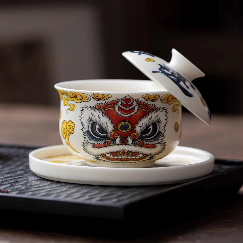 国潮醒狮布袋悬停旋转三才盖碗茶杯单个高档泡茶碗陶瓷茶碗带盖