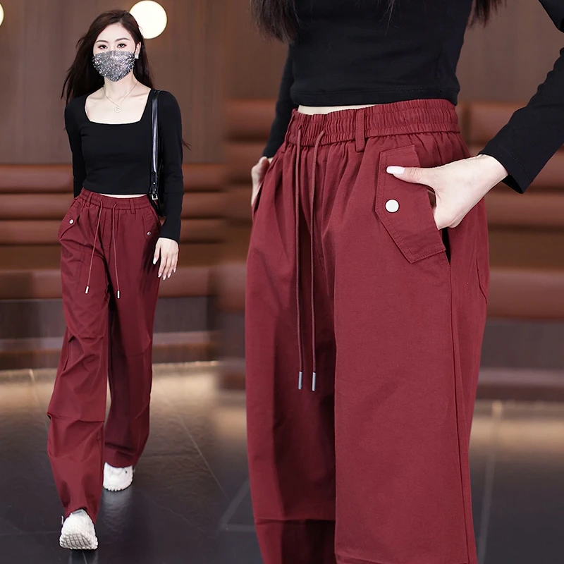2024秋季安哥拉红工装裤高腰垂感降落伞裤休闲美式阔腿裤运动裤子