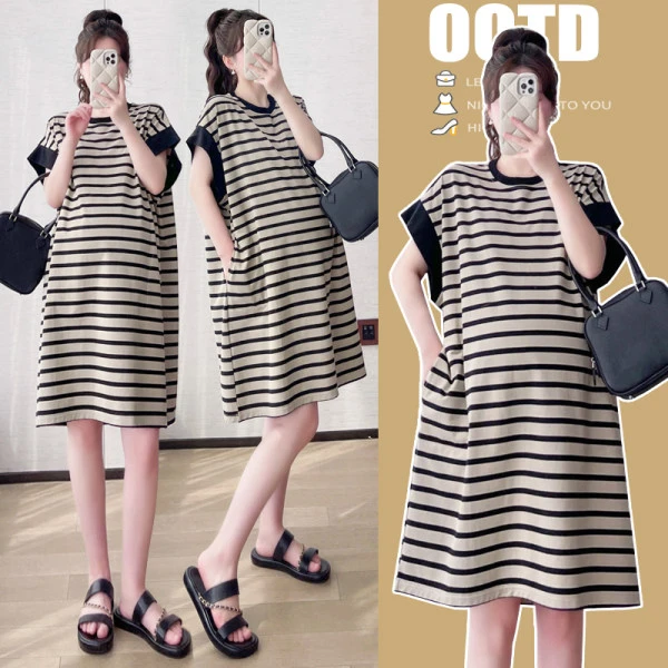 超大码孕妇装条纹遮肚连衣裙夏季胖mm短袖中长款宽松T恤裙女300斤