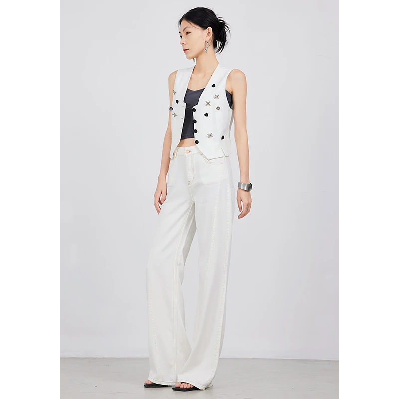 RUGOSAM「微喇系列」宽松休闲丨高腰女明线拖地白色牛仔裤RB0245