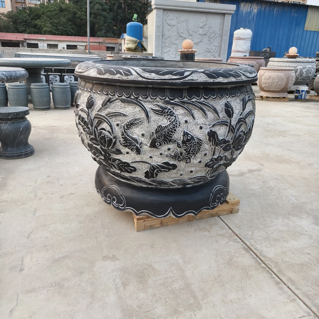 石雕鱼缸鱼盆庭院水缸青石鱼缸石缸室外仿古荷花水缸鱼池庭院摆