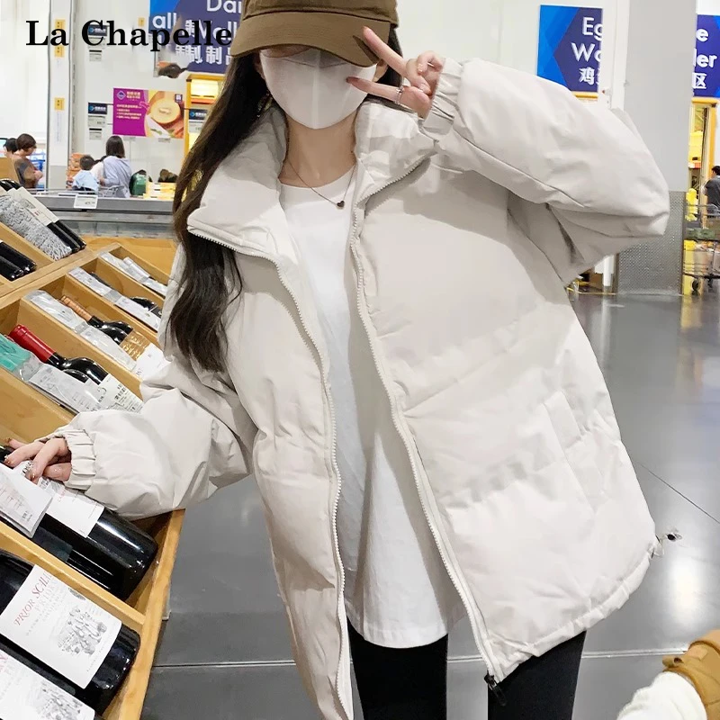 拉夏贝尔学生冬季立领保暖棉服女2025新款加厚加绒大码面包服外套