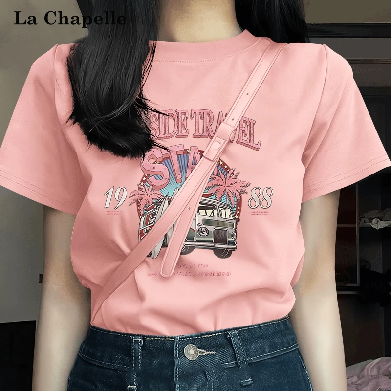 拉夏贝尔纯棉正肩短袖t恤女2025新款爆款设计感美式宽松半袖上衣X