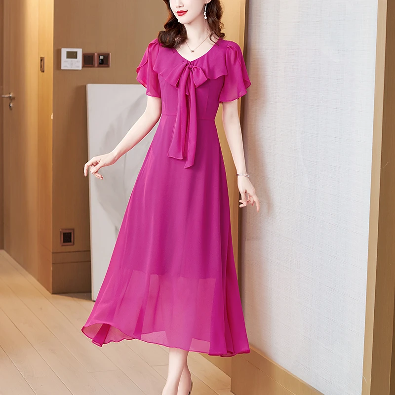 V领长裙高端度假雪纺沙滩裙波西米亚甜美洋气大摆连衣裙过膝法式