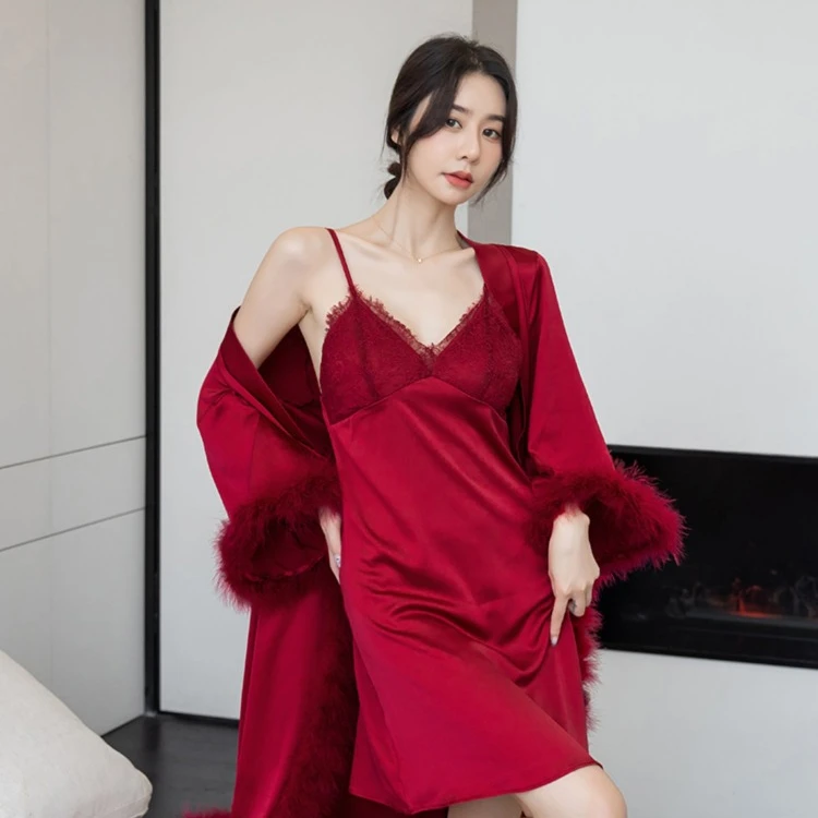 婚礼晨袍新娘高级感长款睡袍酒红羽毛结婚晨拍礼服睡裙红色两件套