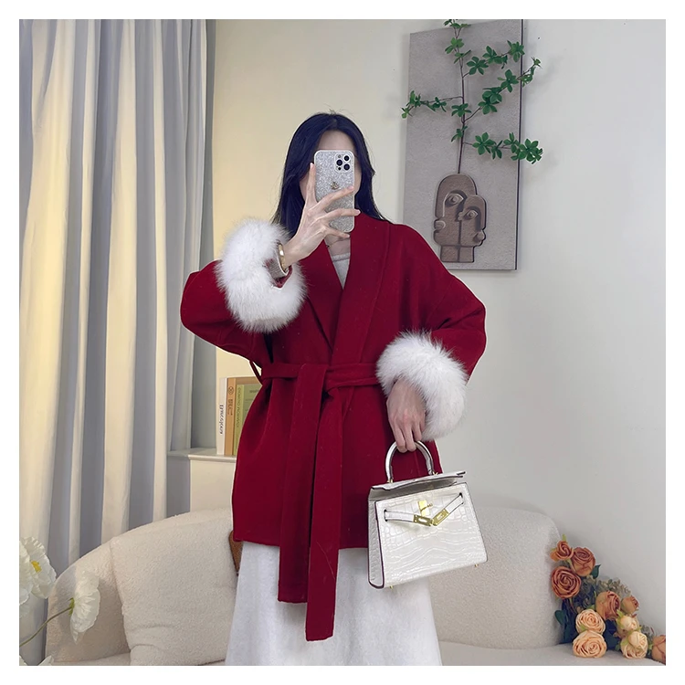 红色新年小个子羊毛大衣毛毛袖网红时尚百搭宽松女毛呢外套长袖