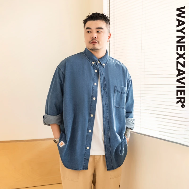 韦恩泽维尔潮牌大码牛仔衬衫男加肥加大cityboy长袖薄款外套8210