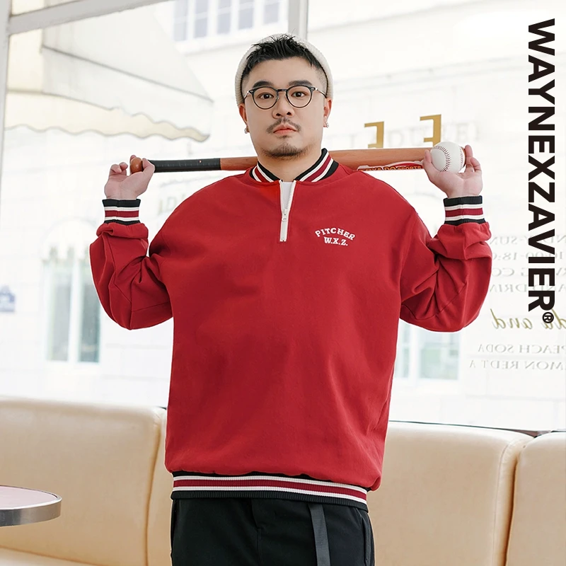 韦恩泽维尔新年红装宽松大码加肥加大球领字母刺绣卫衣男8931