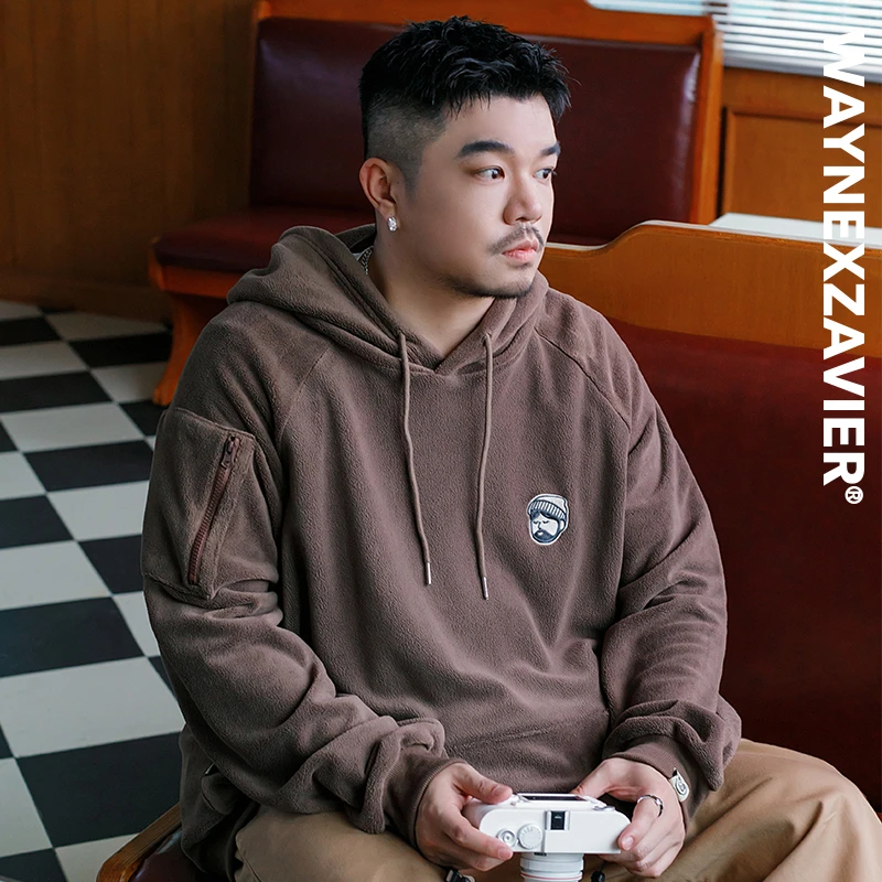 韦恩泽维尔大码宽松加肥加大冬季双面绒插肩袖刺绣连帽卫衣男8999