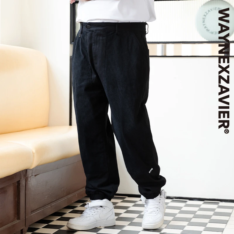韦恩泽维尔大码灯芯绒拼接束脚裤男春秋季松紧腰直筒休闲长裤8425