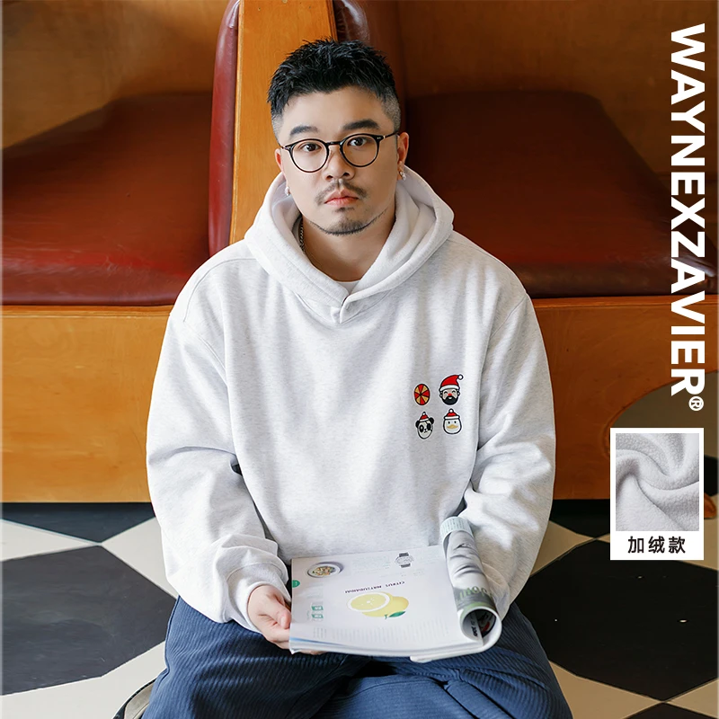 韦恩泽维尔冬大码宽松加肥加大加绒圣诞绣花无帽绳连帽卫衣8990