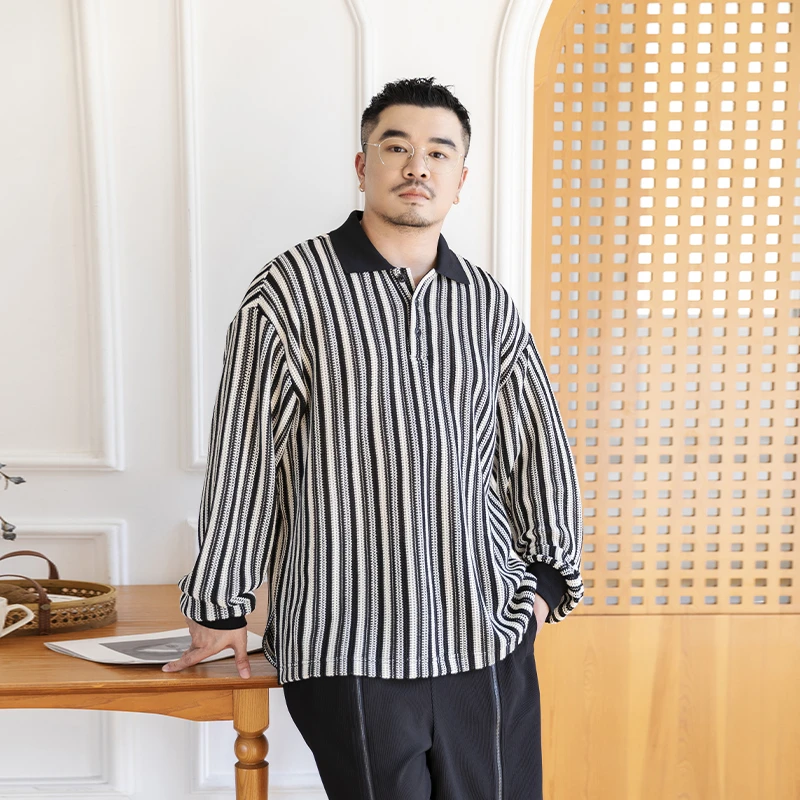韦恩泽维尔大码商务条纹polo衫男长袖宽松春季加肥加大针织衫8631