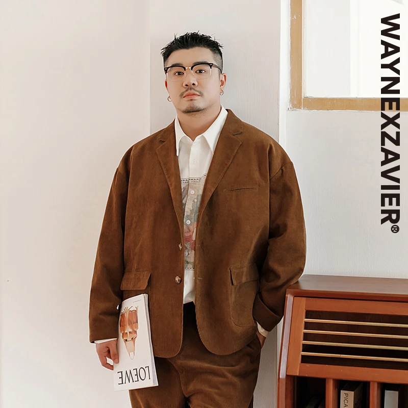 韦恩泽维尔大码纯棉灯芯绒西服男装宽松三排扣休闲长袖西装8951