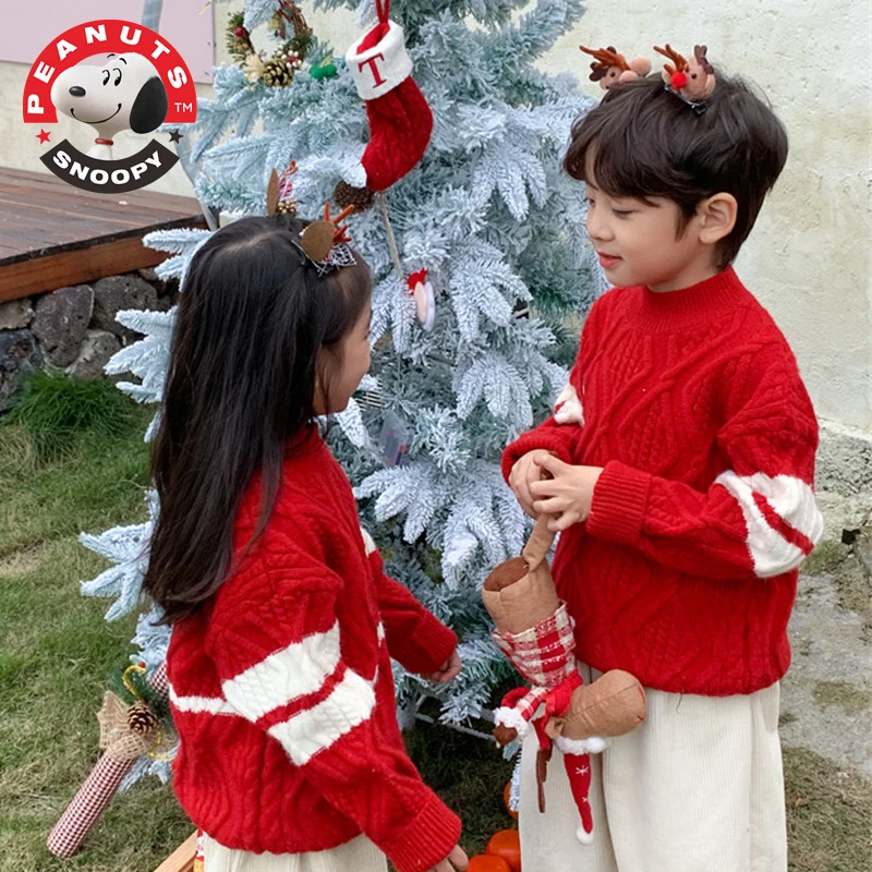 Snoopy/史努比红色圣诞过年款男女童毛衣儿童宝宝针织衫秋冬洋气