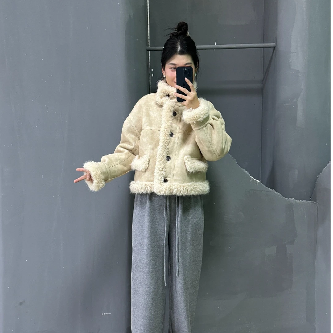 2024冬季加厚皮毛一体小众设计感短款外套高级百搭毛外套