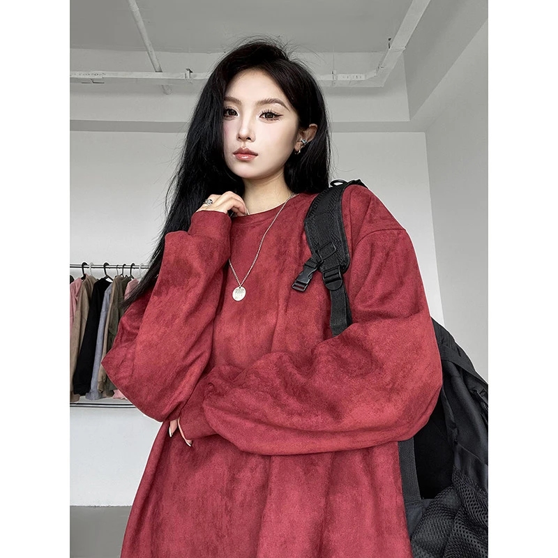 秋季中性风卫衣情侣纯色打底衫圆领卫衣慵懒风百搭长袖上衣-WY002