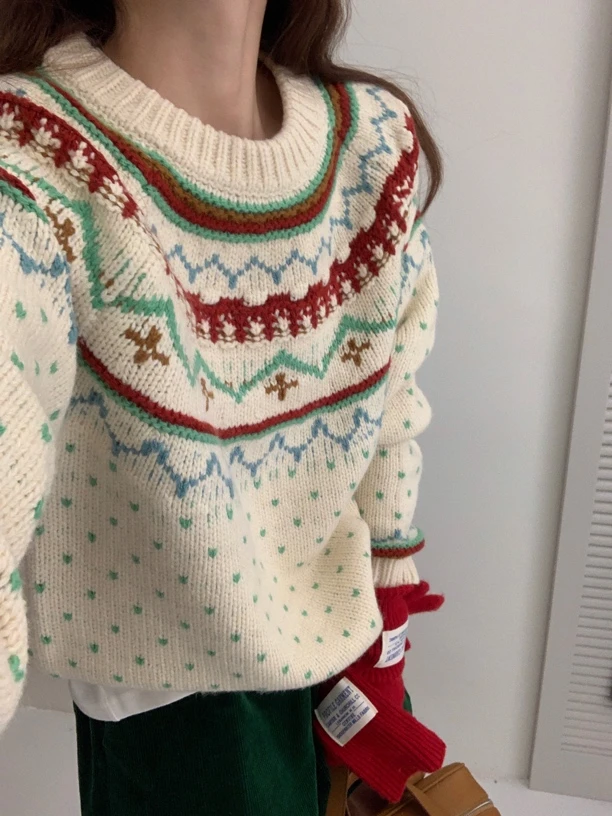 1秋冬复古费尔岛提花毛衣女宽松慵懒风针织上衣