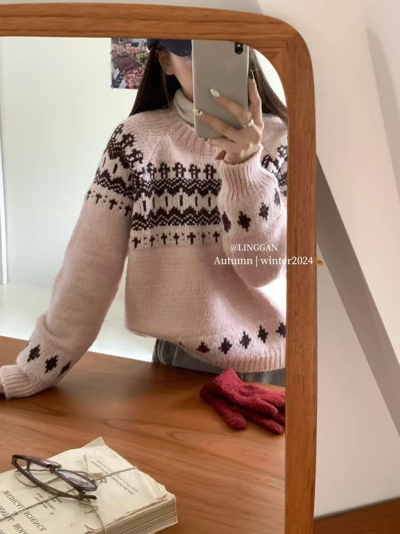 1费尔岛复古提花圆领针织毛衣女秋冬气质优雅百搭套头上衣