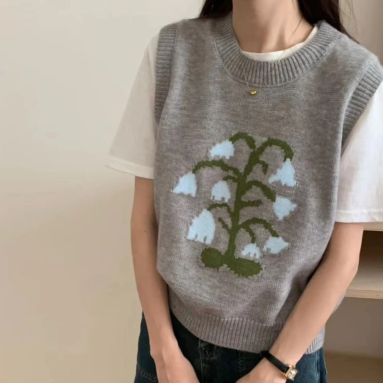 秋冬新款瞌睡花圆领针织宽松马甲