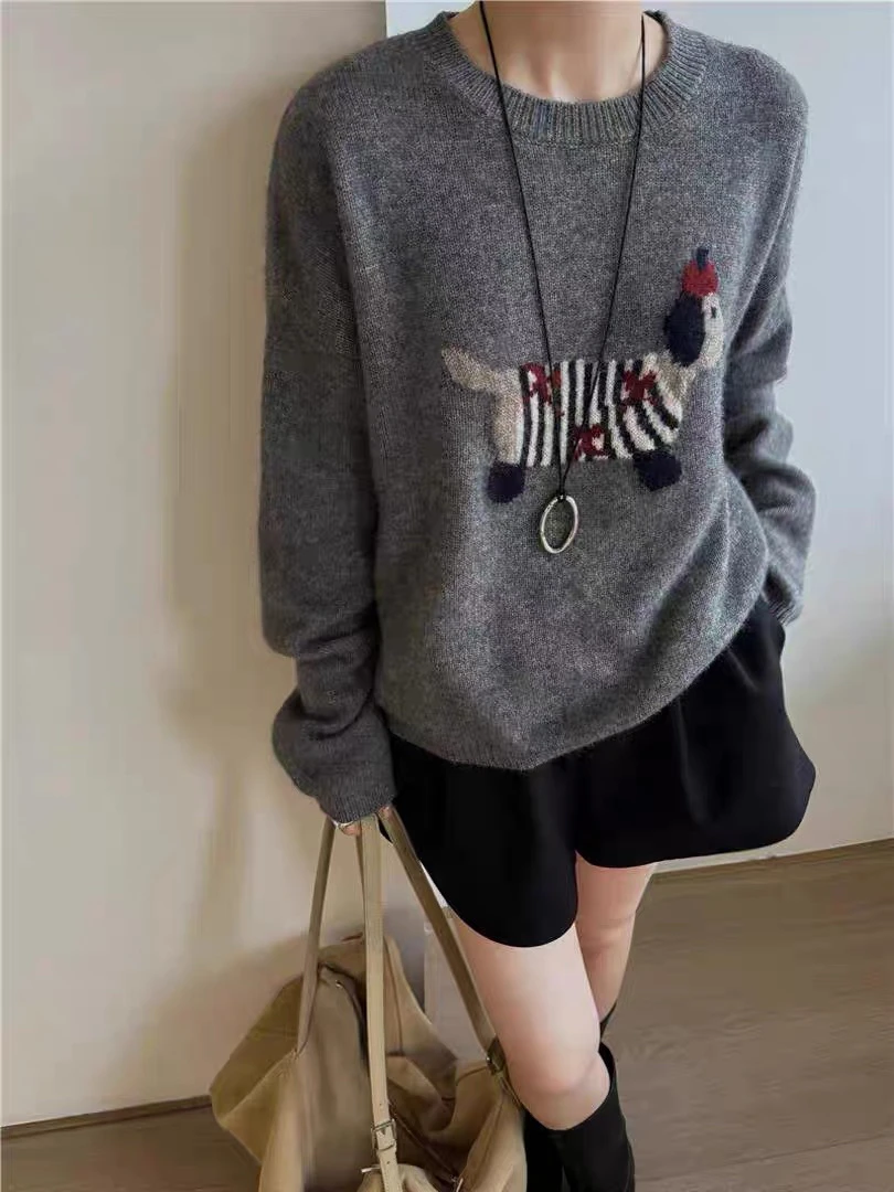 清仓 腊肠狗提花灰色套头宽松毛衣针织衫