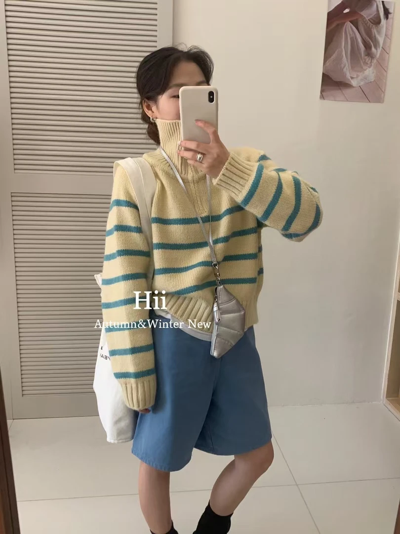 韩系加厚撞色条纹半拉链可翻领可高领针织毛衣女秋冬上衣