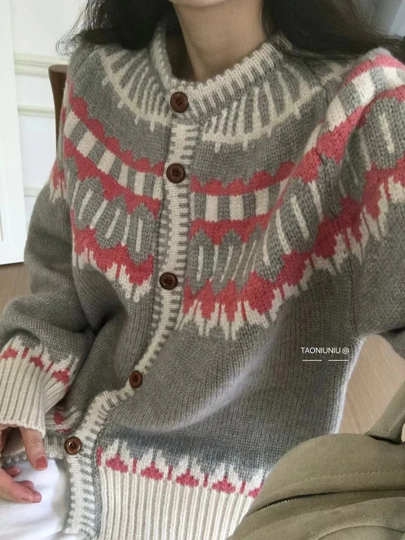 加厚灰粉费尔岛提花文艺宽松针织衫毛衣