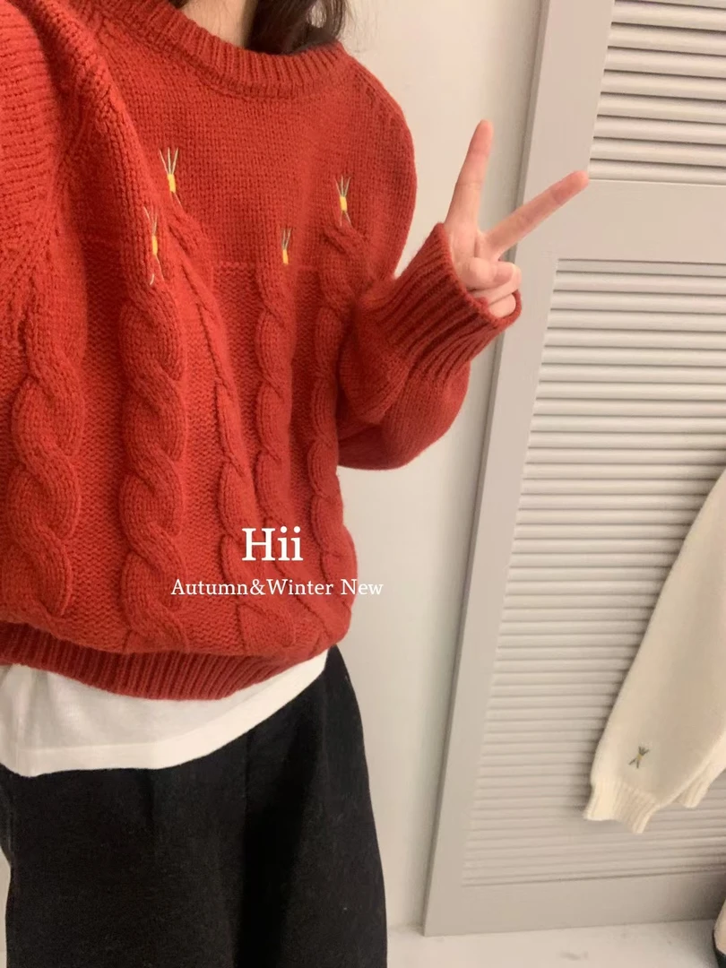 文艺甜美刺绣针织衫女秋冬百搭麻花毛衣外穿打底