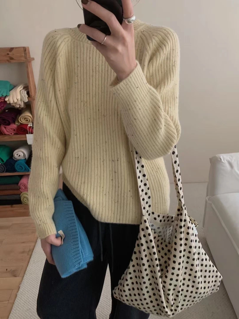 秋冬竖坑条彩色点点纱微宽松打底衫针织衫毛衣女简约