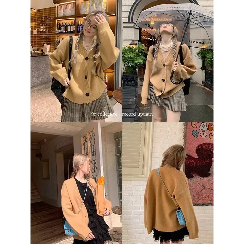 卡其色针织开衫女外套宽松慵懒风秋冬装毛衣复古驼色加厚上衣女装