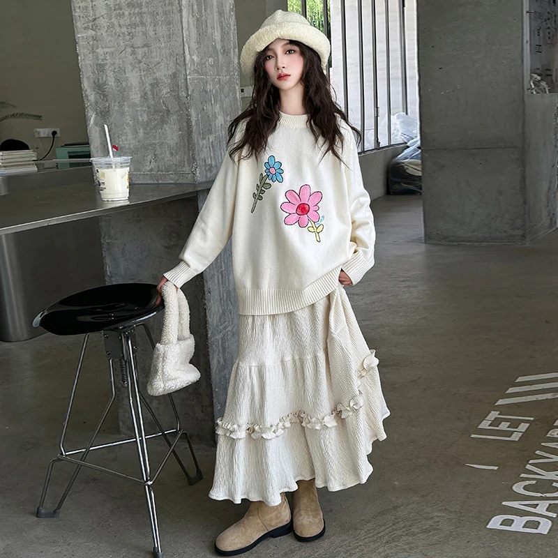 女孩春秋毛衣2024新款韩系时髦中大童休闲甜美花朵针织衫半身裙潮