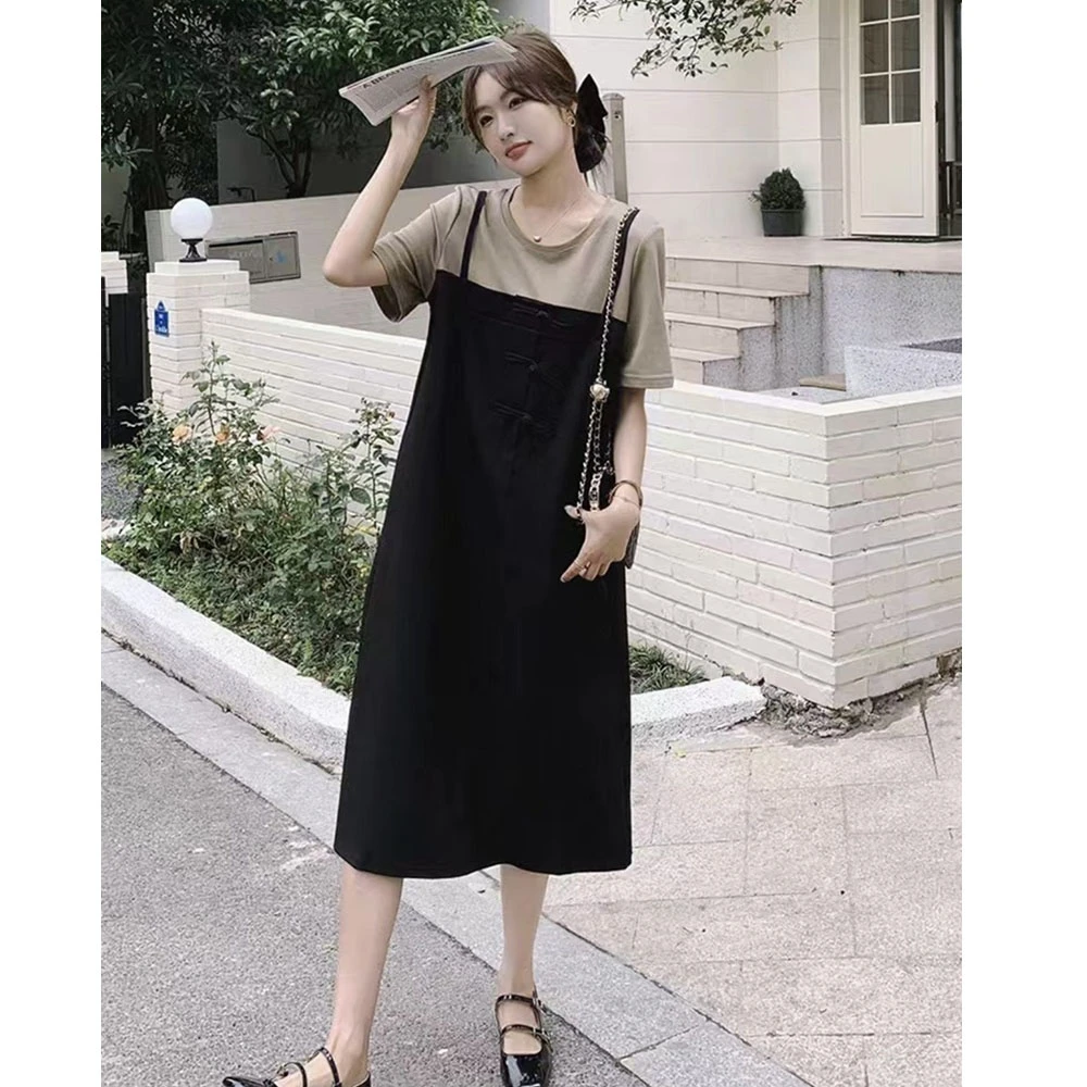 2024夏季新款宽松国风拼接假两件休闲中长款显瘦针织连衣裙女