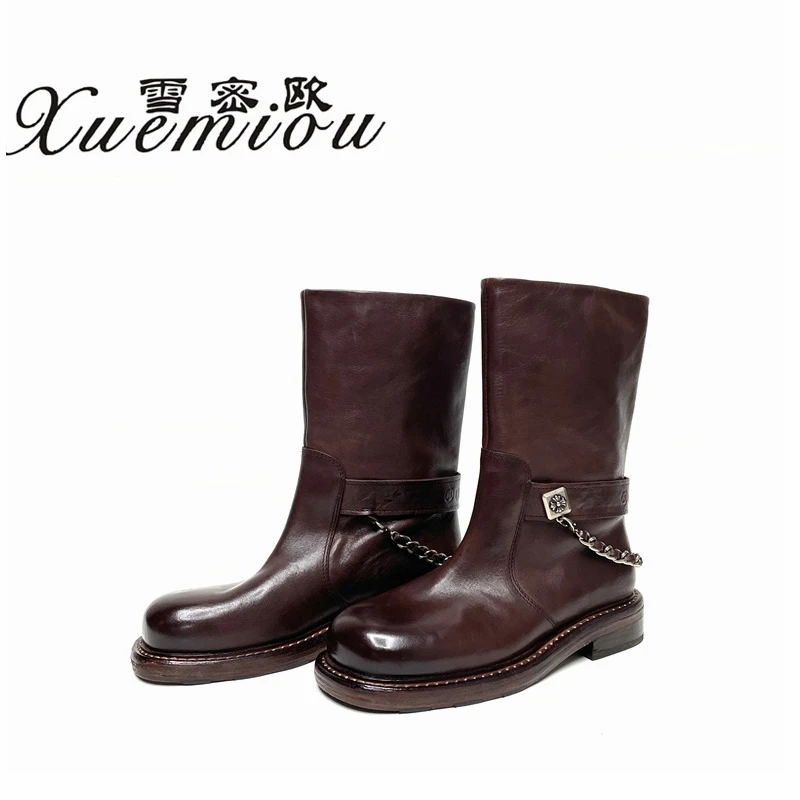 新款水洗马皮真皮大底英伦风短靴女百搭复古中筒靴6188-03