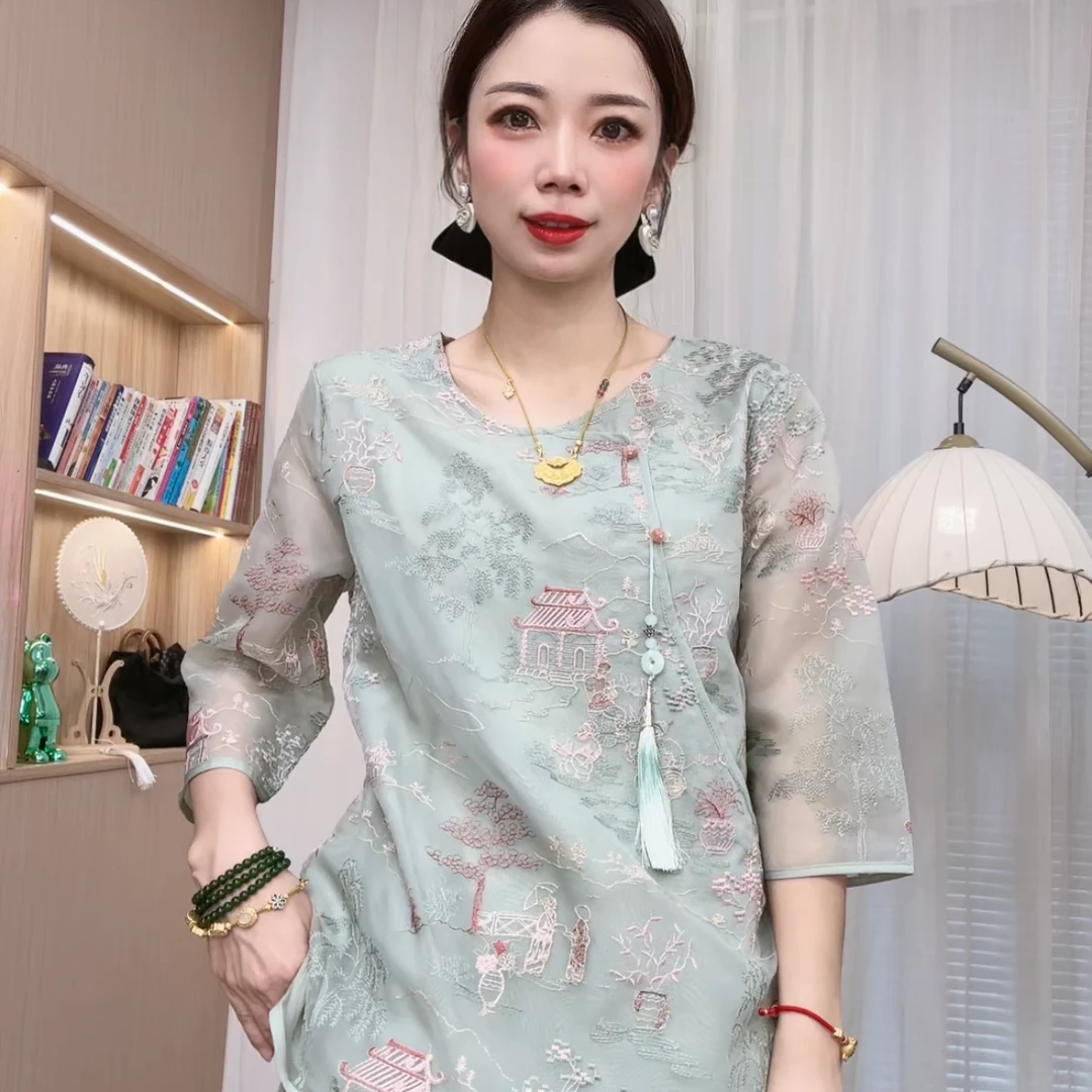 【亭台楼阁】夏季新中式国风复古气质大方时尚刺绣上衣女中袖及套装