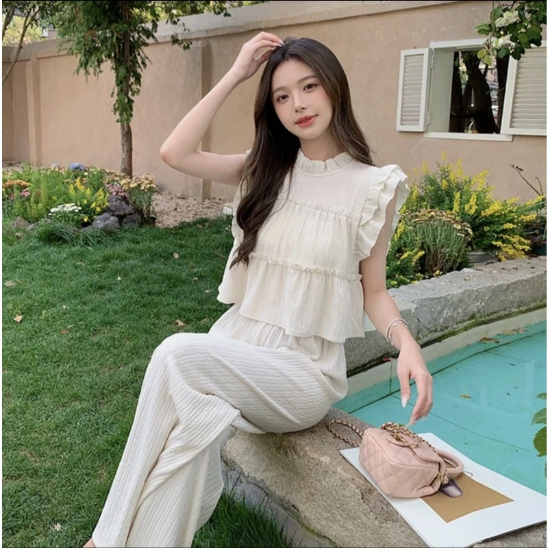 2024新款无袖套装立领花边压褶上衣茶系穿搭松紧阔腿裤一整套