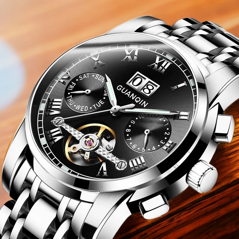 冠琴手表男士全自动机械表男镂空飞轮多功能夜光防水潮流帅气腕表