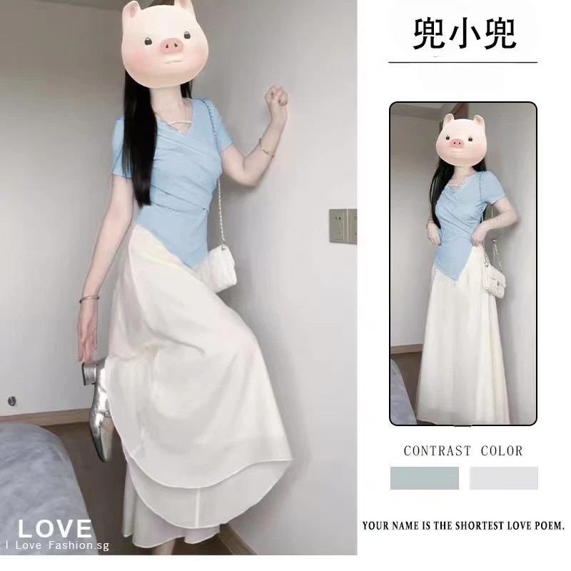 2025夏季洋气新款温柔风不规则短袖t恤针织上衣高腰显瘦半身裙