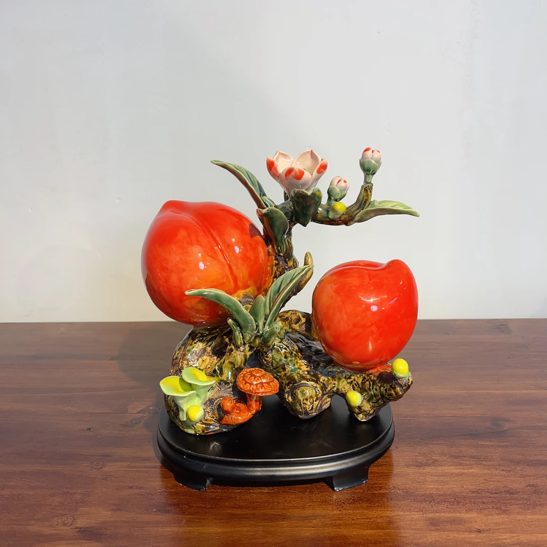 石湾陶瓷新中式寿桃摆件工艺品手工创意客厅玄关祝贺礼品长20高23