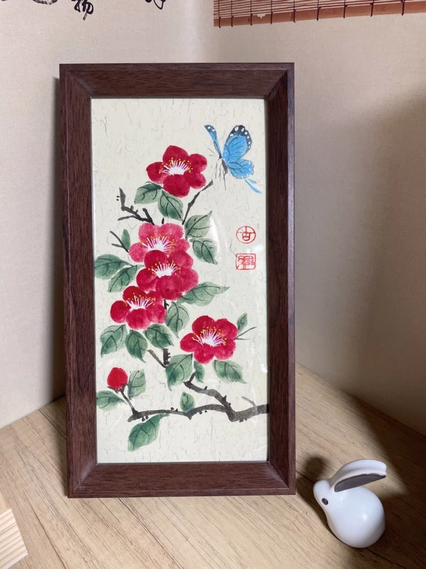 手绘国画山茶花，摆台，装饰画，含框14.7×27.4