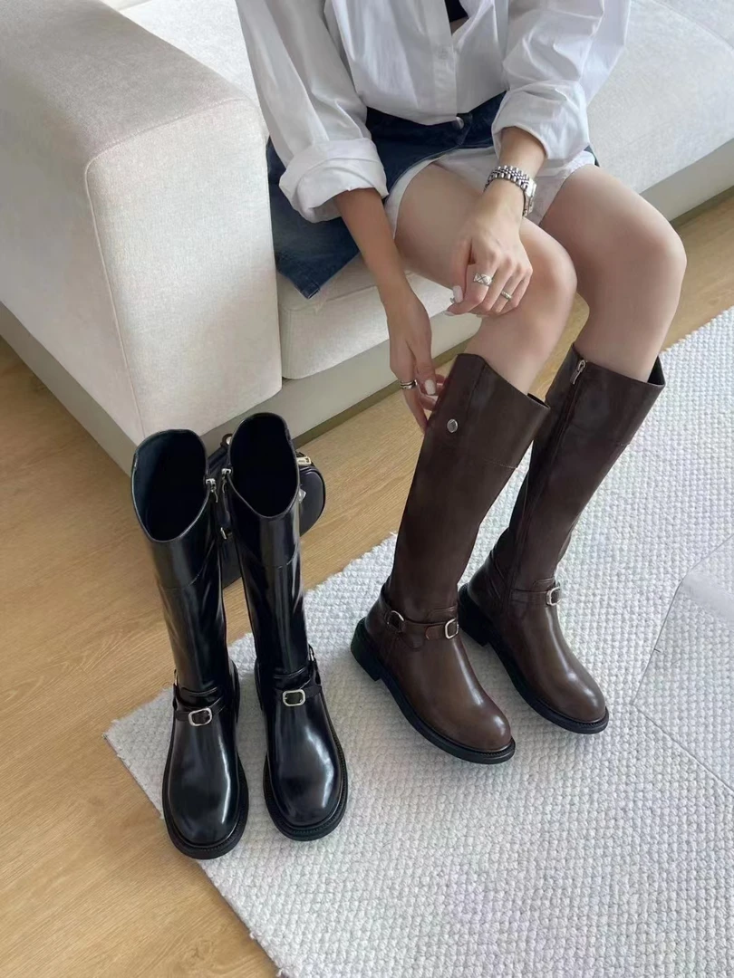 5323秋冬新款长筒靴女款软皮侧拉链不过膝骑士靴时尚洋气女鞋