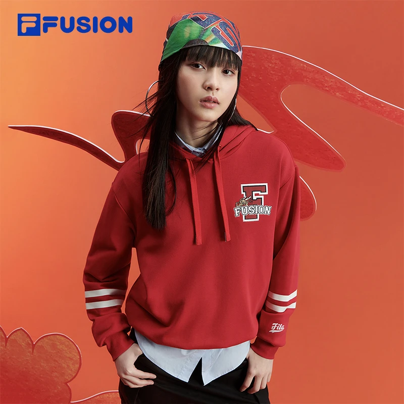 FILA/斐乐 潮牌春新年款宽松情侣百搭红色针织长袖女上衣卫衣爆款