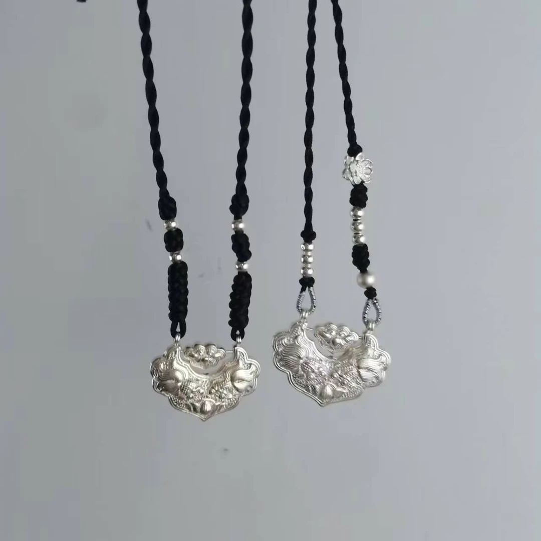 吊坠足银 足银999实心锦鲤锁吊坠双鱼戏莲花平安锁项链纯手工编织