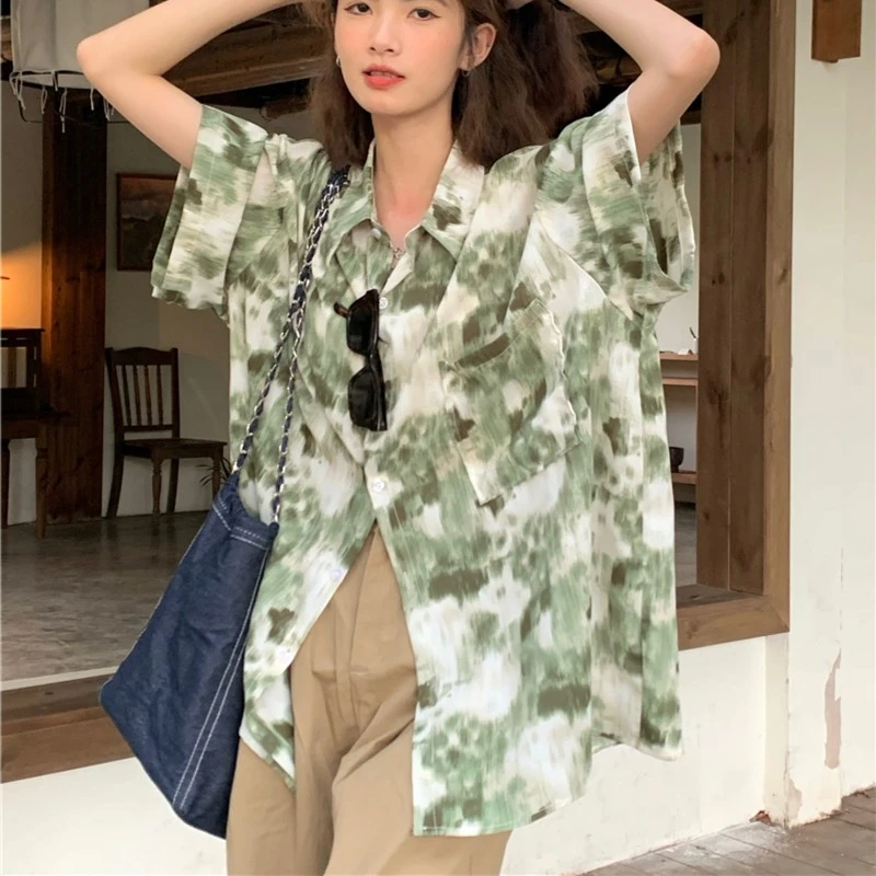 水墨画扎染短袖花衬衣宽松港风慵懒个性酷帅chic印花夏季绿色港味